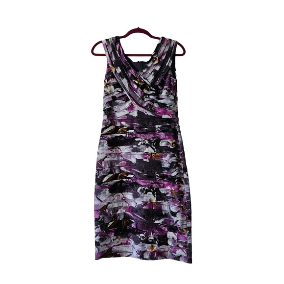 Adrianna Papell Purple Floral Sleeveless Ruched Dress Party Cocktail - Picture 1 of 6